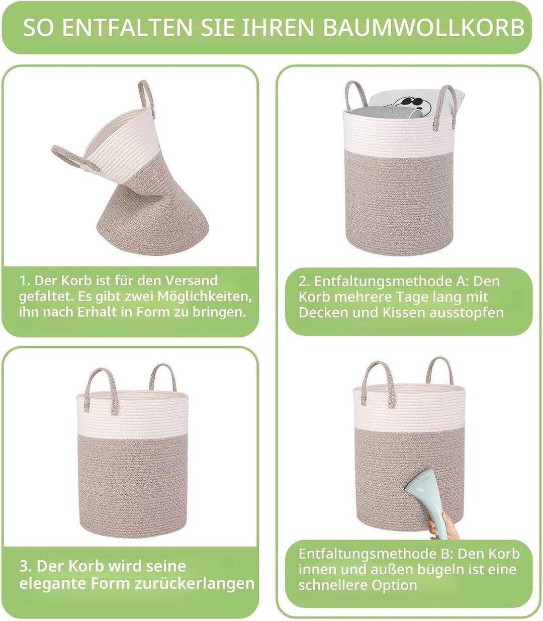 Withosent Wäschekorb Geflochten aus Baumwolle, 66L Wäschesammler mit Henkel, Laundry Basket Aufbewah