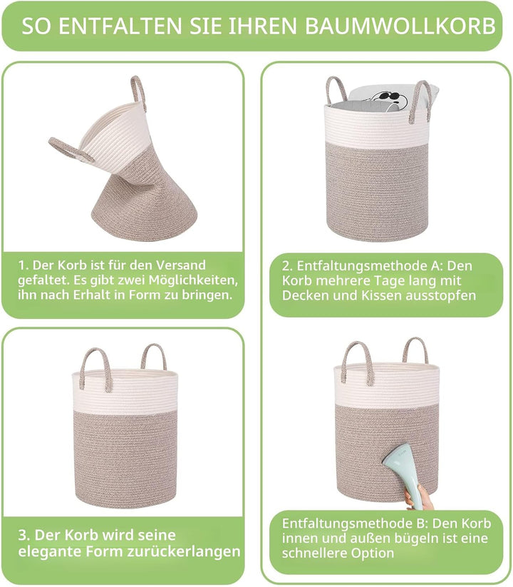 Withosent Wäschekorb Geflochten aus Baumwolle, 66L Wäschesammler mit Henkel, Laundry Basket Aufbewah