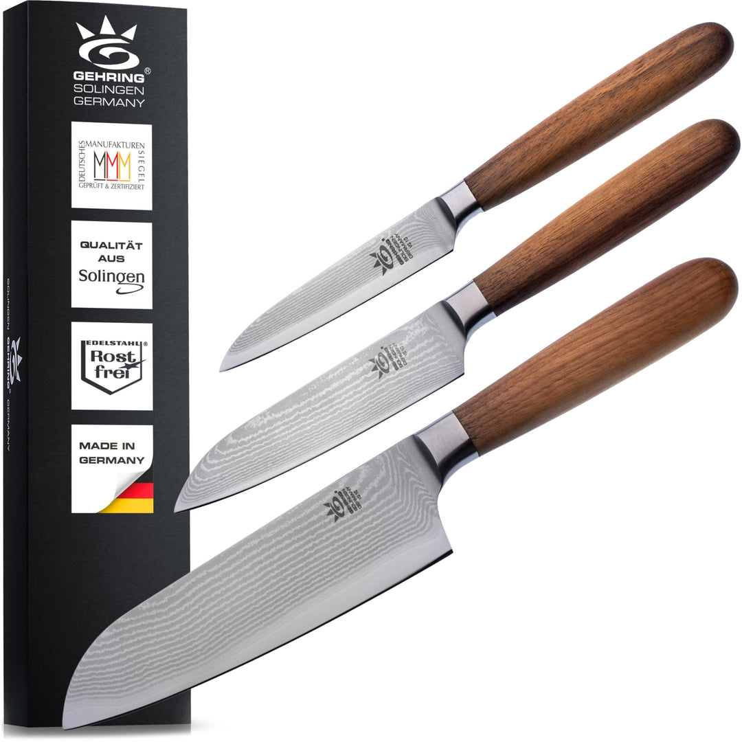 GEHRING SOLINGEN Damastmesser, Küchenmesser - Messerset, 3-tlg. Made in Germany, scharfe Profi Damas