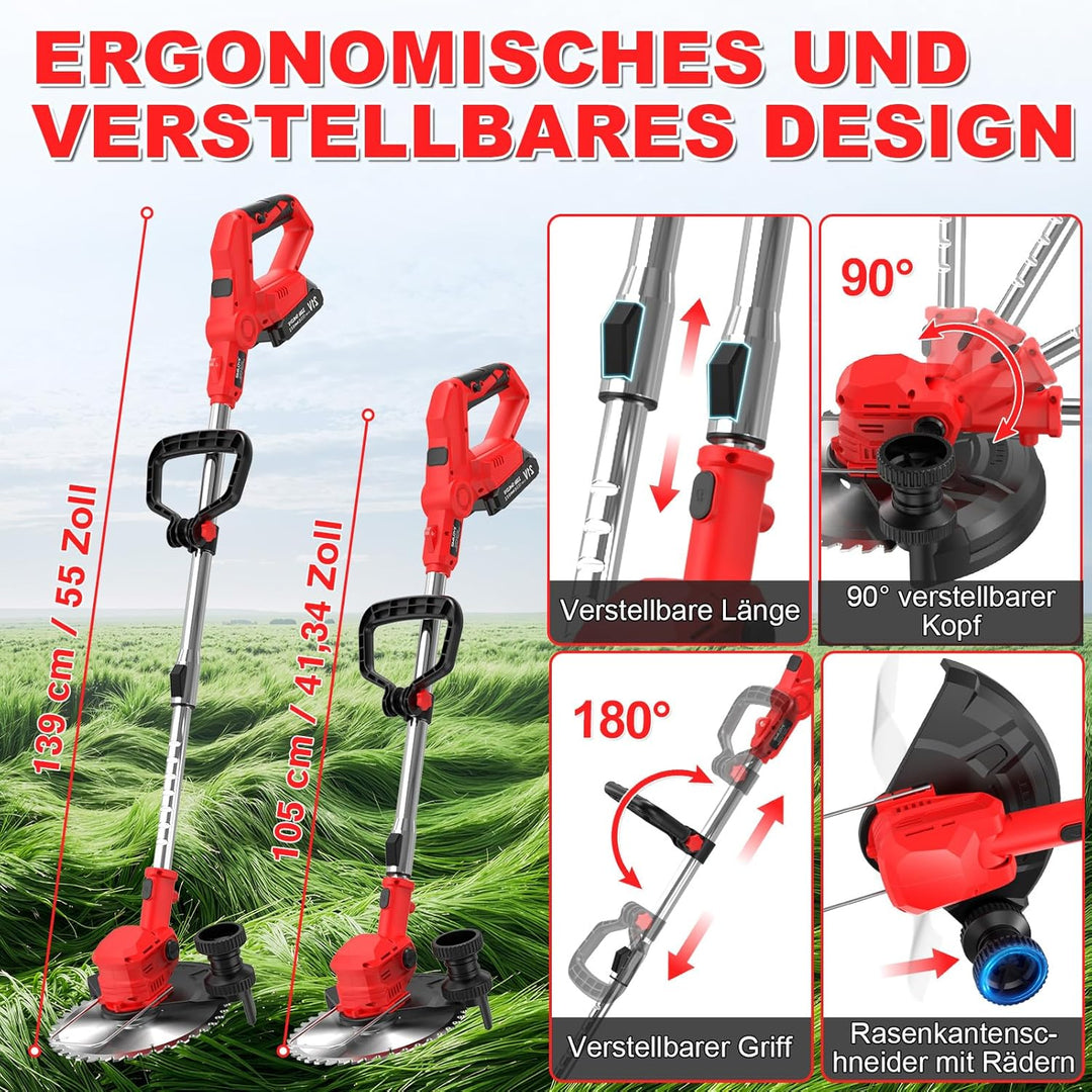 21V Rasentrimmer mit 2×2000mAh Akku und Ladegerät, Akku Freischneider mit 14-Fach Schneidsystem, LCD