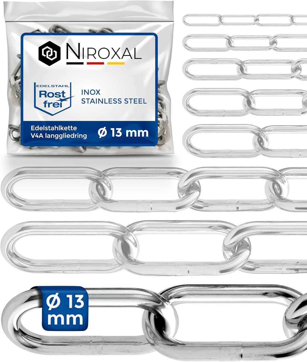 25cm = 0,25 Meter 13mm starke Eisenkette Meterware V4A Absperrkette langgliedrig am Stück A4 Stahlke