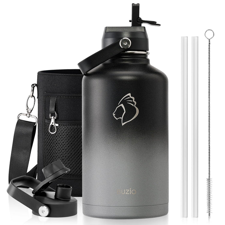 BUZIO 2L Edelstahl Trinkflasche isoliert mit Strohhalm &amp; Ausgussdeckel | Grosse Wasser-Thermoflasche