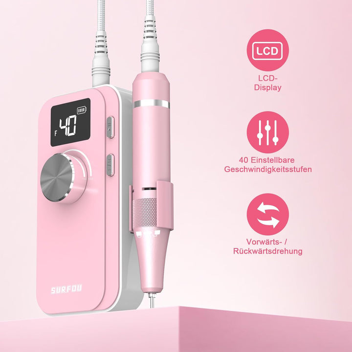 SURFOU Nagelfräser 40000 U/min, Elektrische Nagelfeile Kabellos Wiederaufladbar mit 4000mAh Akku, LC