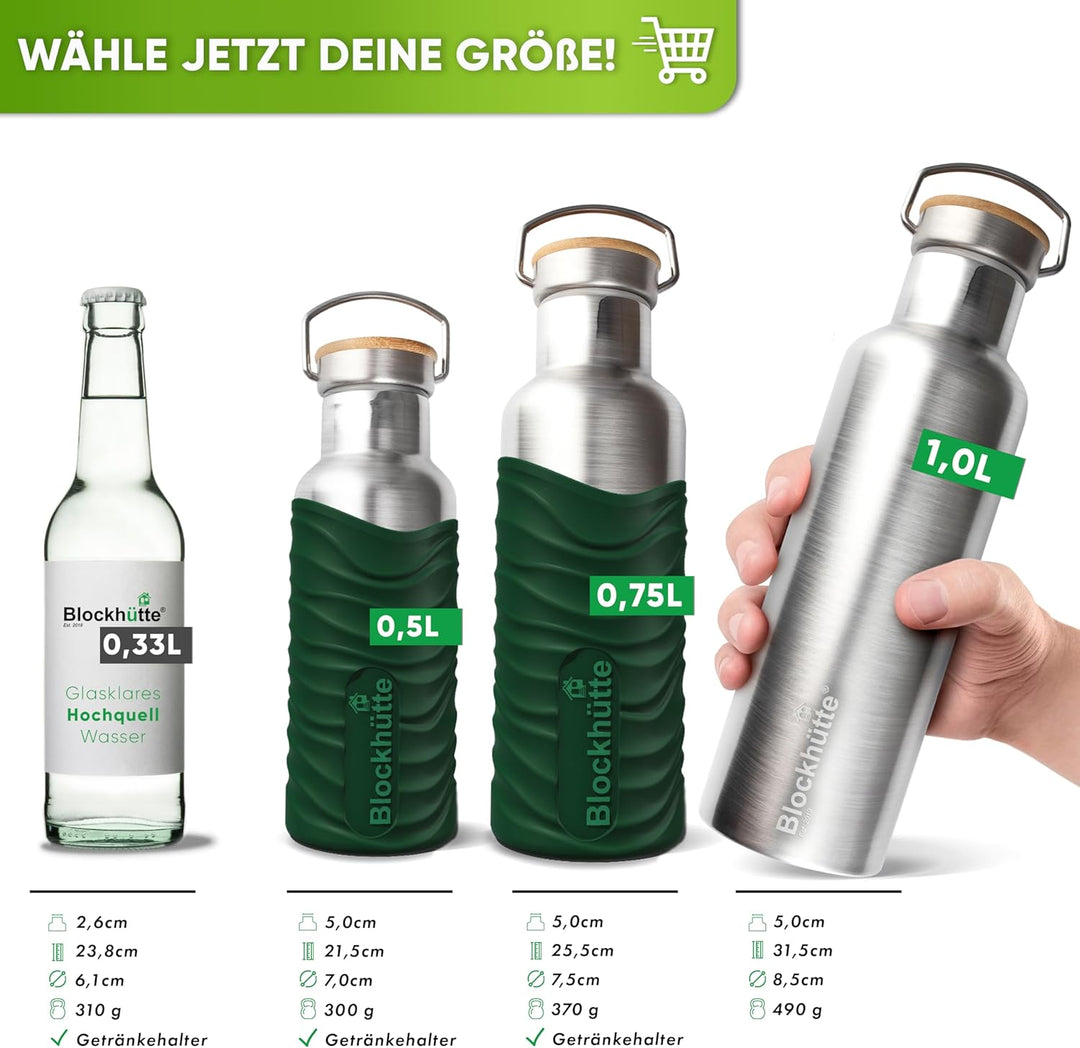 Blockhütte Edelstahl Trinkflasche 750ml I Wasserflasche Kohlensäure geeignet I Auslaufsicher, BPA-Fr