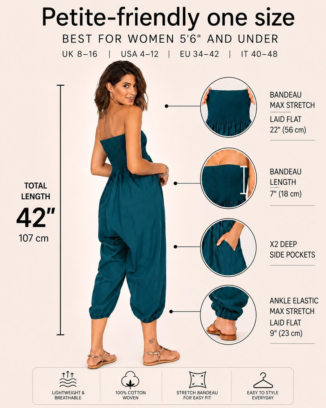 likemary extraweite Haremshose Damen, Einteiler aus Baumwolle - 2-in-1 Jumpsuit – Pumphose, optional
