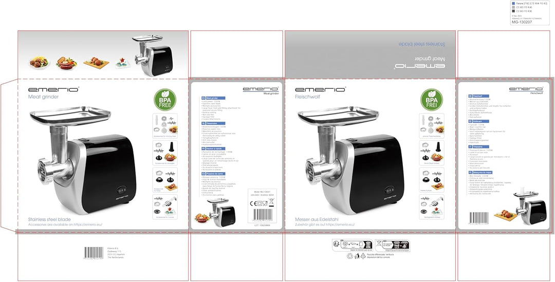 Emerio Fleischwolf | elektrisch | 3 Fleischeinsätze (fein/mittel/grob) + Wurststopfaufsatz + Kebbeau