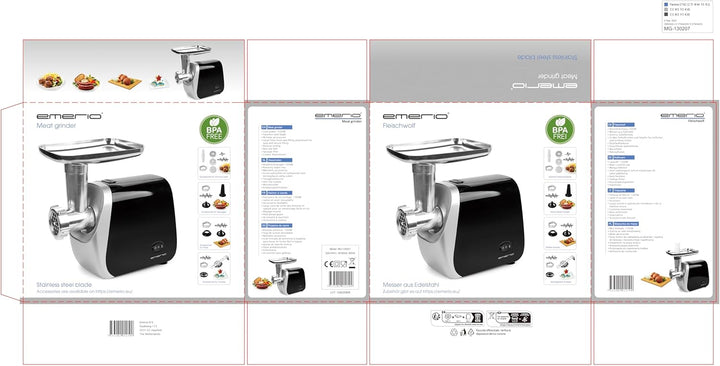 Emerio Fleischwolf | elektrisch | 3 Fleischeinsätze (fein/mittel/grob) + Wurststopfaufsatz + Kebbeau