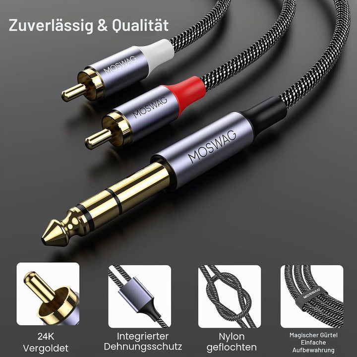 MOSWAG 6.35mm 1/4" TRS to Dual RCA Audio Cable, 6,35mm 1/4&