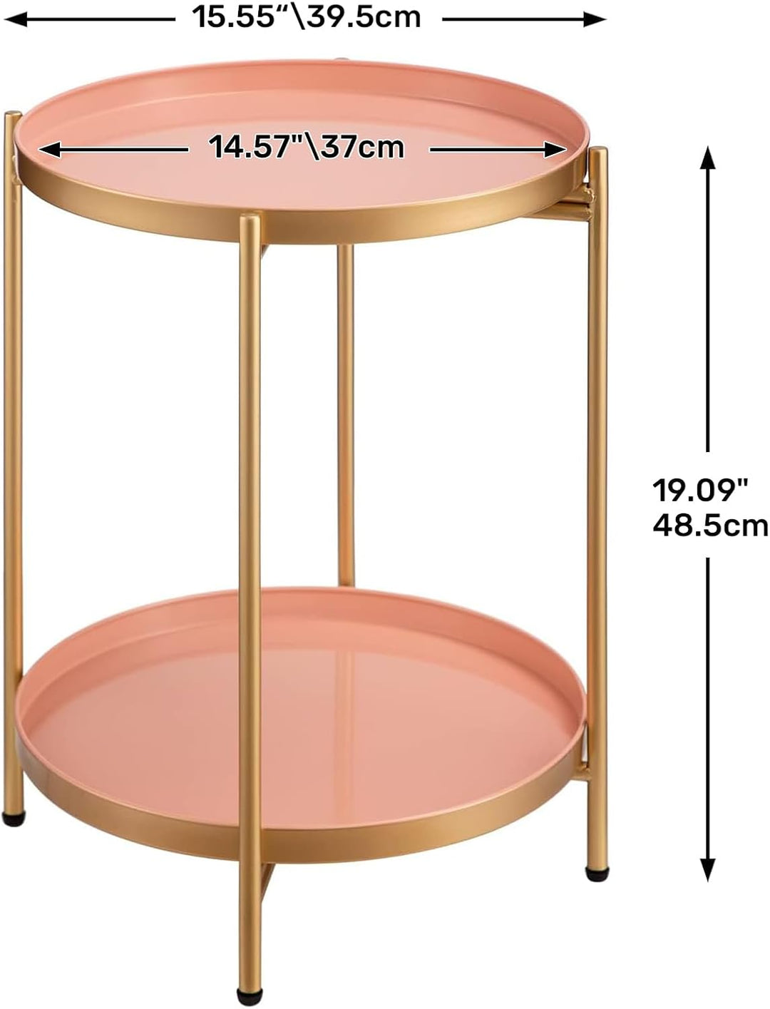 HollyHOME Runder Beistelltisch, 2 Ebenen Beistelltisch Metalltablett, Snacktisch, Couchtisch, Teetis