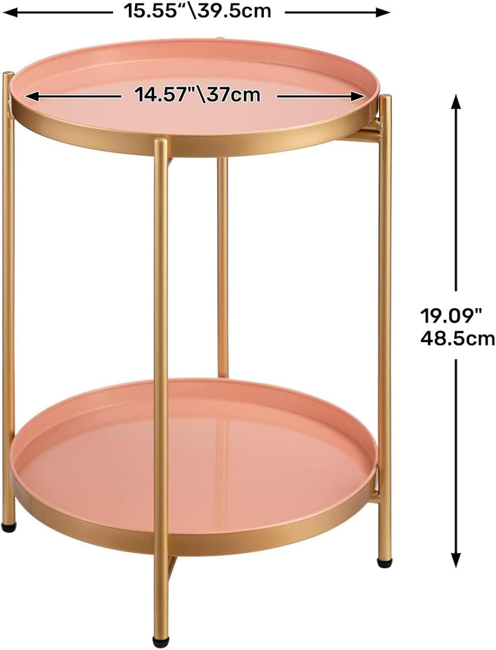 HollyHOME Runder Beistelltisch, 2 Ebenen Beistelltisch Metalltablett, Snacktisch, Couchtisch, Teetis