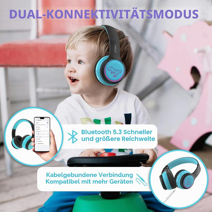 IFECCO Bluetooth Kopfhörer Kinder kabellos mit Aufbewahrungstasche, Kinderkopfhörer Over-Ear mit LED