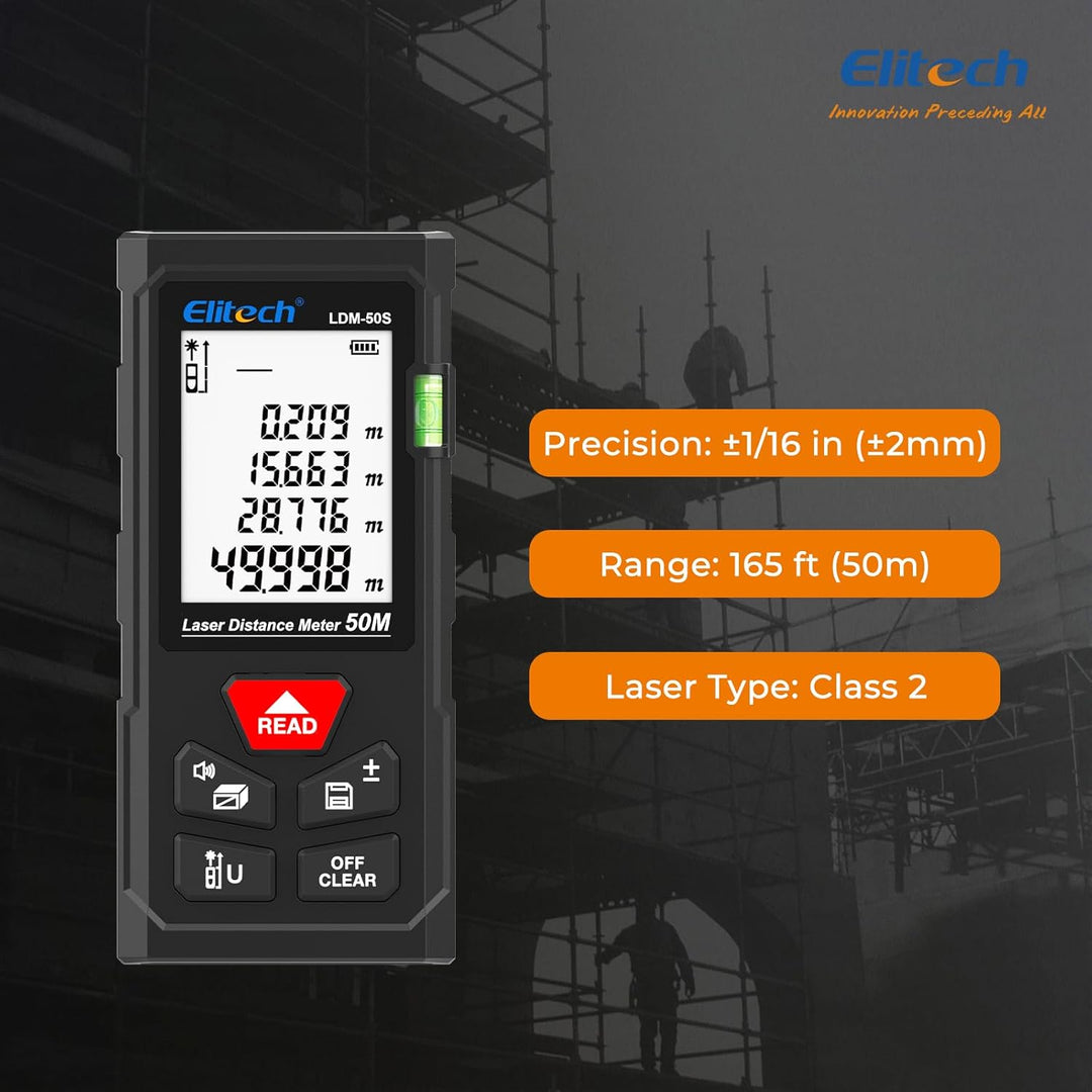 Elitech LDM-50-Series Laser Entfernungsmesser 50m Reichweite, ±2mm Genauigkeit, Flächen-/Volumen-/Py