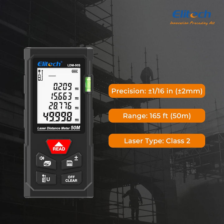 Elitech LDM-50-Series Laser Entfernungsmesser 50m Reichweite, ±2mm Genauigkeit, Flächen-/Volumen-/Py