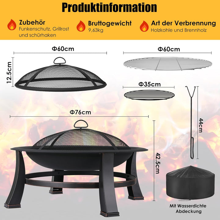 Feuerschalen für den Garten Φ76cm, Feuerschale mit funkenschutz und grillrost, Multifunctional Feuer