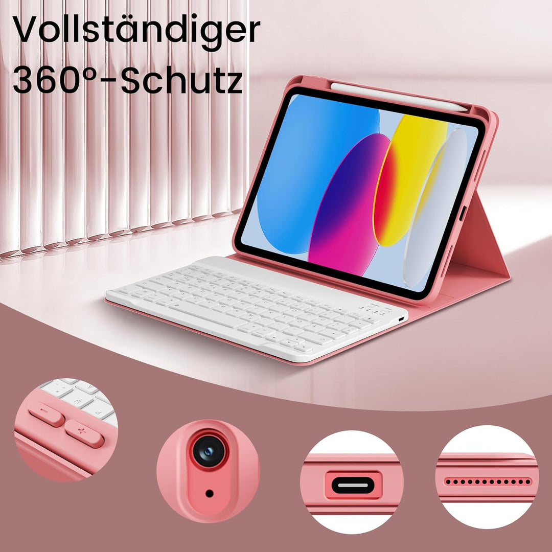 Hülle mit Tastatur für iPad 11/10 Generation mit Stifthalter, Magnetisch Abnehmbare Kabellose Blueto