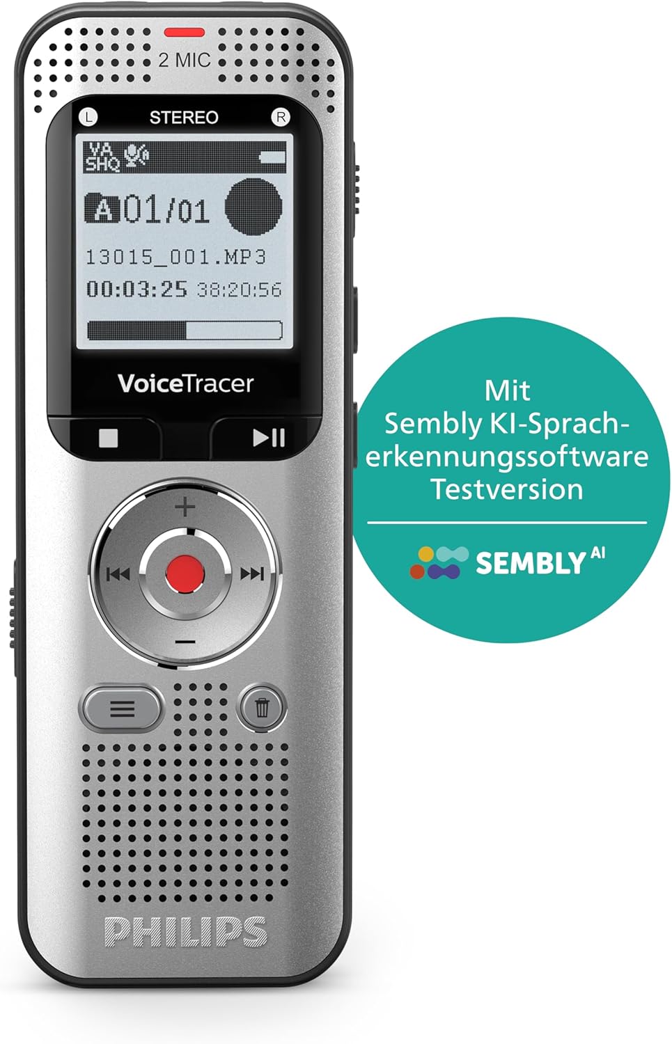 Philips DVT2015 VoiceTracer, Diktiergerät, Aufnahmegerät, MP3, HiFi Stereo, inkl. Sembly AI-Testlize