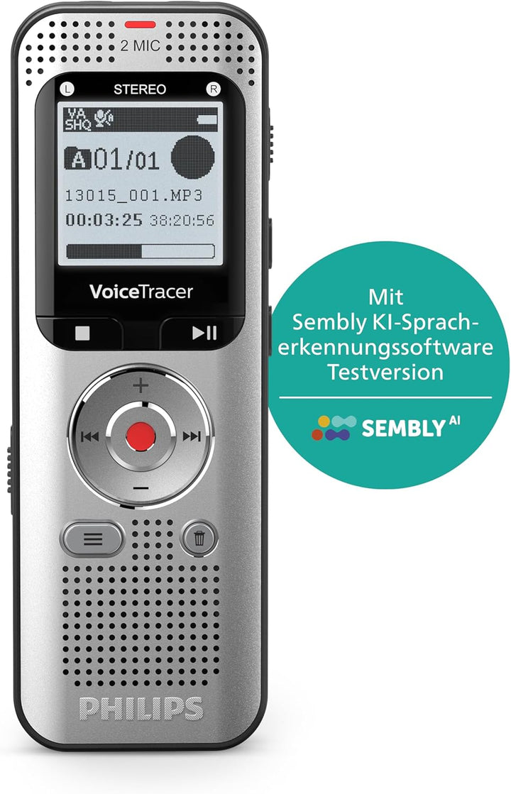 Philips DVT2015 VoiceTracer, Diktiergerät, Aufnahmegerät, MP3, HiFi Stereo, inkl. Sembly AI-Testlize