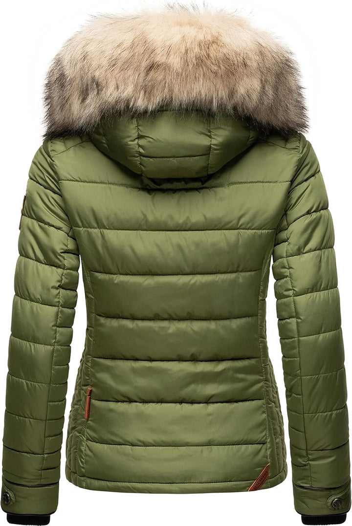 MARIKOO Damen Winterjacke Steppjacke mit abnehmbarem Kunstfell Lerikaa XS-3XL XL Olive, XL Olive