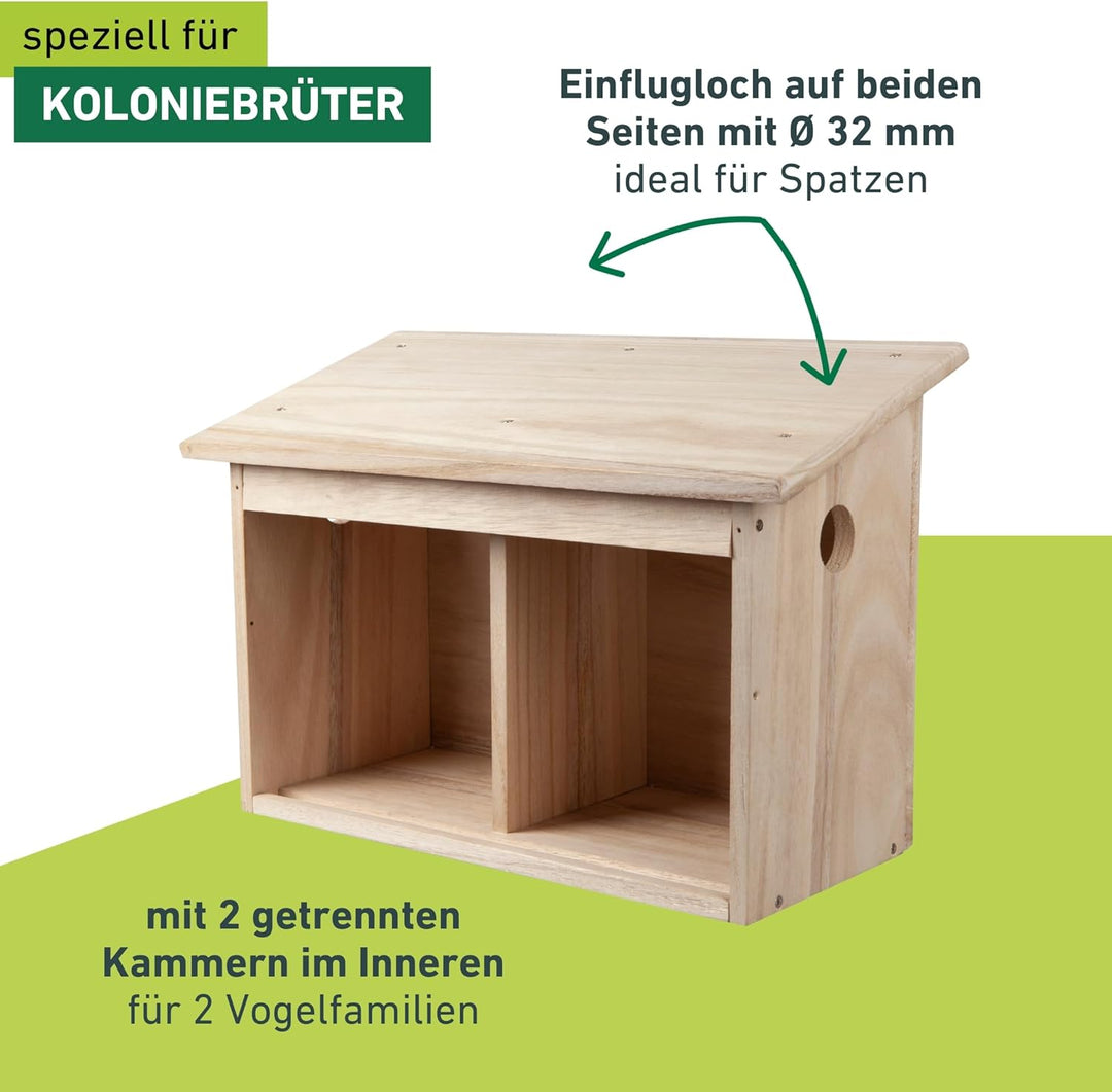 Windhager Nistkasten Twinhouse Sparrow, Vogel Nistkasten mit Zwei getrennten Kammern, Vogelnistkaste