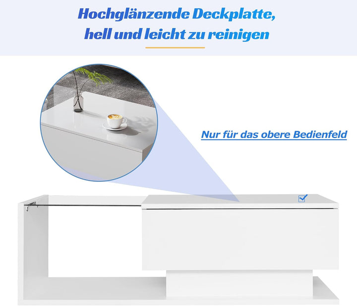 Merax Couchtisch Weiss Hochglanz mit LED, Moderner Wohnzimmertisch mit Stauraum Schubladen, Glasplat