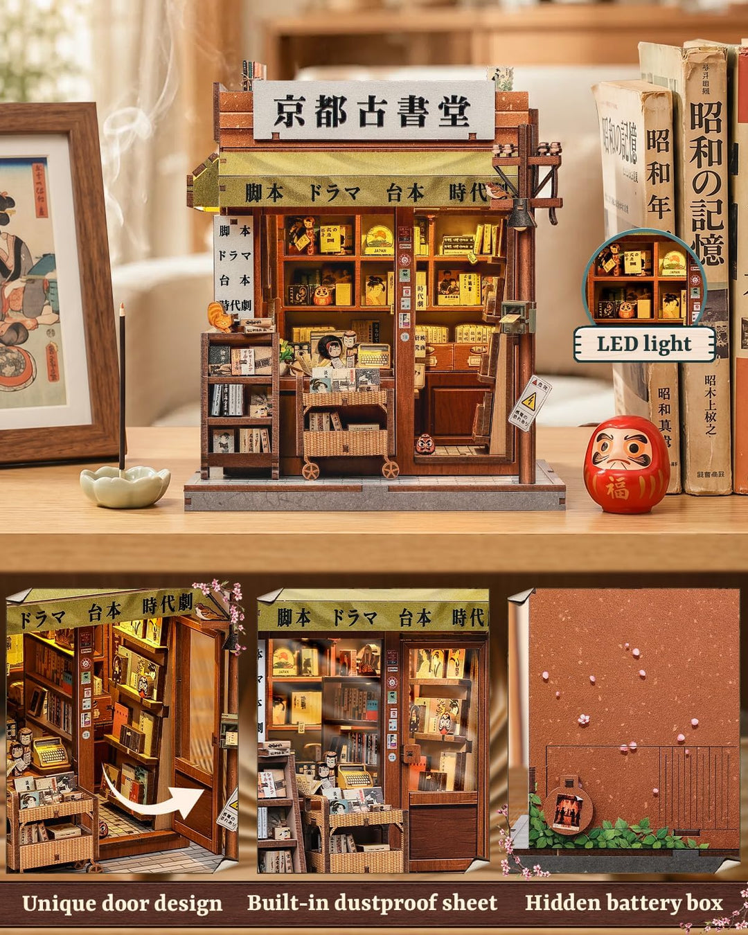 3D-Holz-Miniaturhaus mit LED – dekoratives Bücherregal-Deko, Selbstbau-Puzzle für Erwachsene, kreati