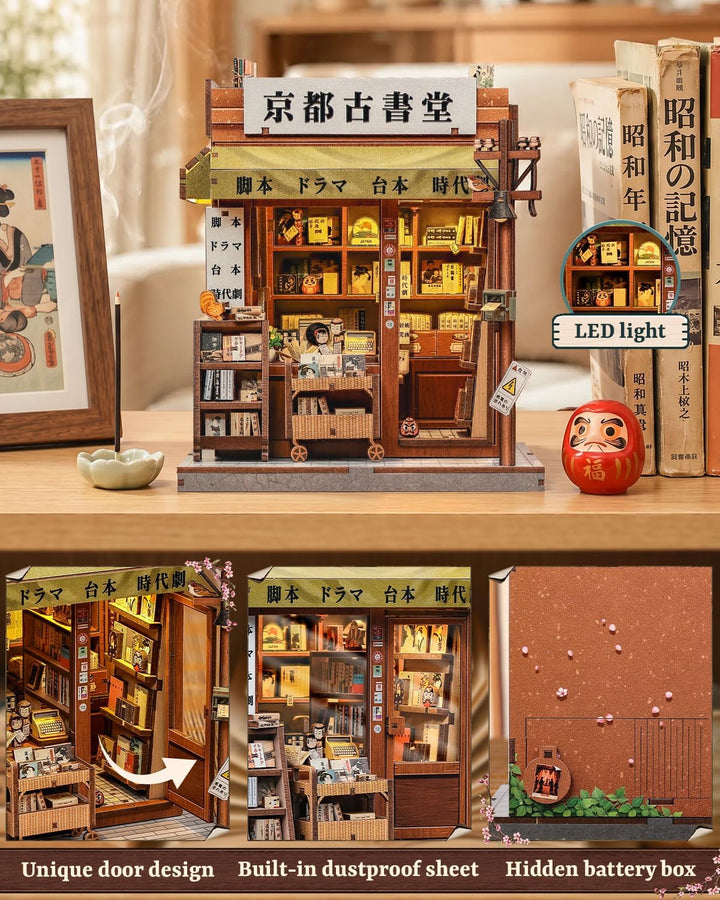 3D-Holz-Miniaturhaus mit LED – dekoratives Bücherregal-Deko, Selbstbau-Puzzle für Erwachsene, kreati