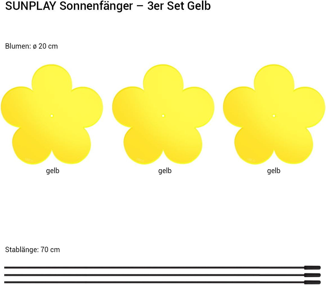 SUNPLAY "Sonnenfänger Blumen in GELB, 3 Stück je 20 cm Durchmesser im Set + 70 cm Schwingstäbe