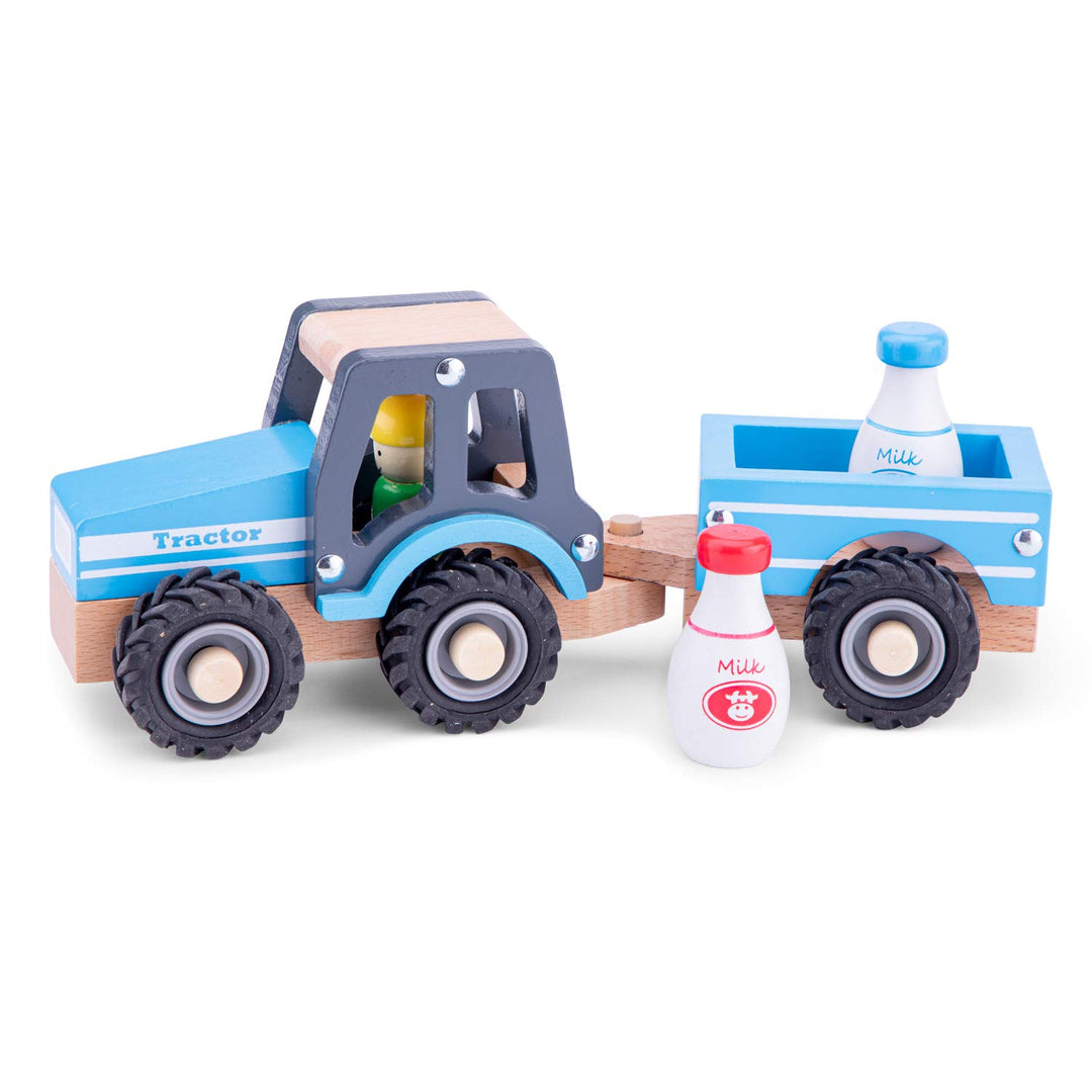 New Classic Toys - 11942 - Spielfahrzeuge - Traktor mit Anhänger und Milchkannen, Blau Traktor Blau,