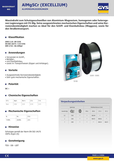 GYS 86562 Massivdrahtrolle Alu (ALMg5), 200 mm, 2 kg, Durchmesser 1,0 mm