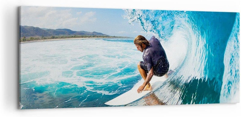 Wandbilder Dekoration Wohnzimmer Surfen Surfer Ozean Welle Panorama Bilder auf Leinwand 120x50cm Lei