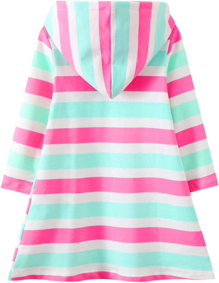 Baogaier Mädchen Kleid Baumwolle Langarm Kapuzenpullover Streifen Blumen Pulloverkleid Kapuze Pullov