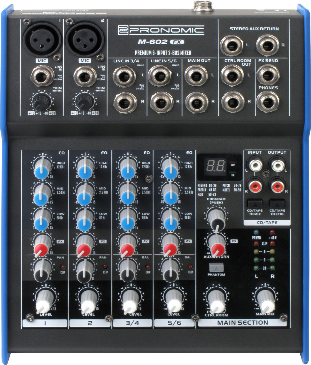 Pronomic M-602FX Live/Studio Mischpult mit digitalem 24bit Multieffektprozessor (2 Mono-Kanäle XLR/K
