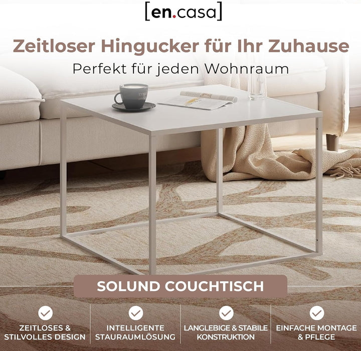[en.casa] Couchtisch Solund Beistelltisch Metall Weiss matt Wohnzimmertisch mit Stauraum 60 x 60 x 4