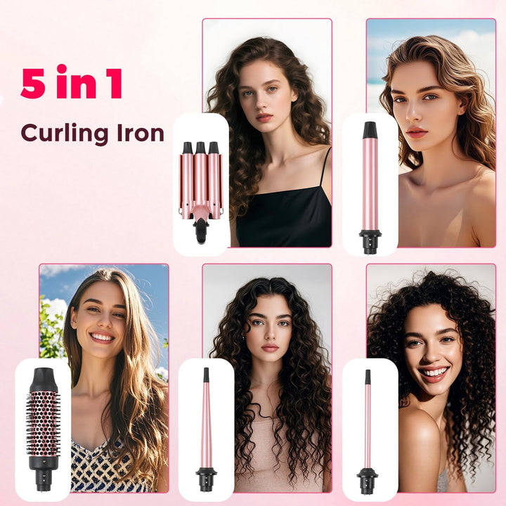Lockenstäbe Set 5 in 1, Welleneisen mit Multifunktion Lockenbürste und 4 austauschbaren Lockenwickle