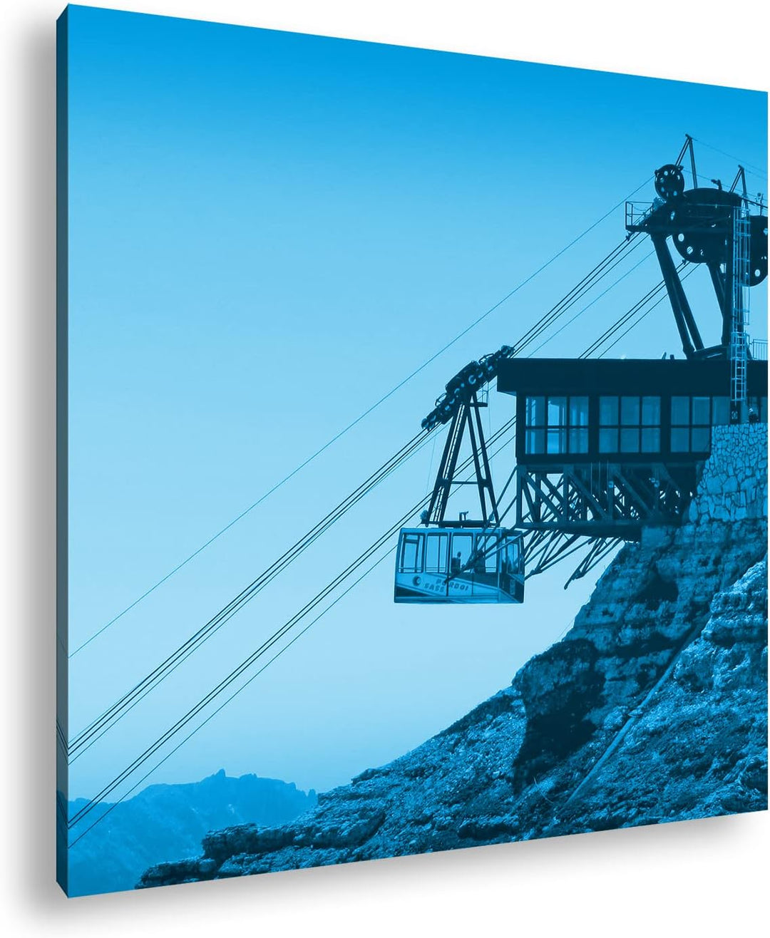 Seilbahn in den Alpen Format: 70x70 Effekt: Monocrome Blau als Leinwandbild, Motiv fertig gerahmt au