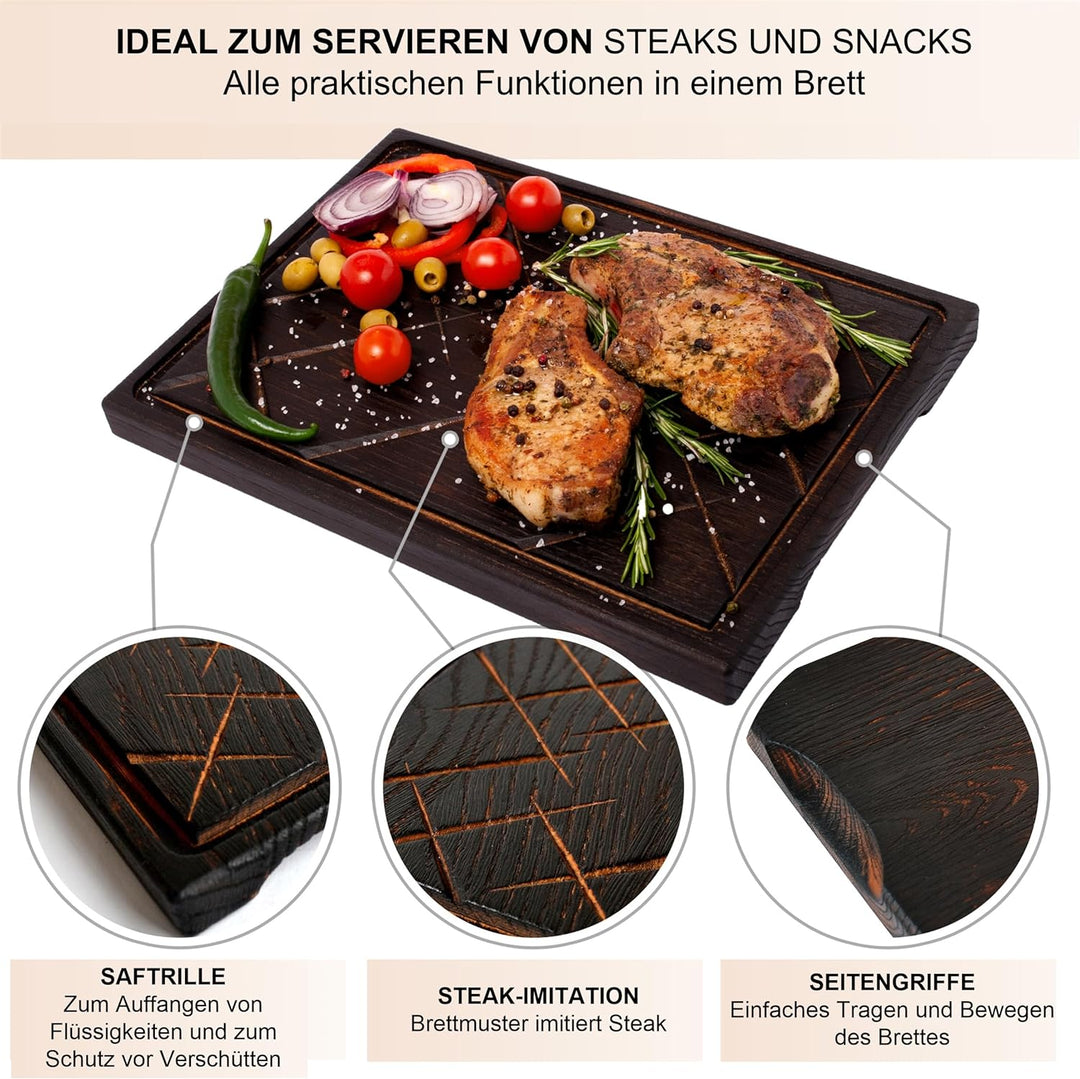 TESLYAR Steak Brett Servierbrett Holz XXL Eichenholz 40x30cm Extragross - Steak Servierplatte/Steakb