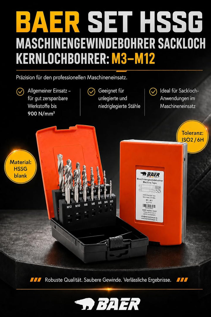 BAER Gewindeschneider Set HSSG: Maschinengewindebohrer Sackloch, Kernlochbohrer: M 3 - M 12 - Gewind