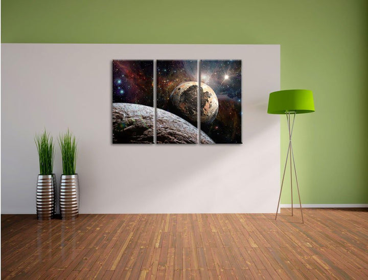 Pixxprint Alien Planeten im Weltall / 3-Teilig/Gesamtmass 120cm Leinwandbild bespannt auf Holzrahmen