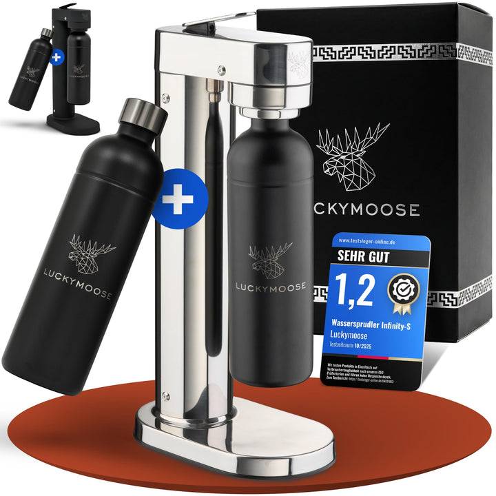 Luckymoose Infinity-S Wassersprudler aus hochwertigem Edelstahl (Silver/Black) – inkl. 2x 1,25L Edel
