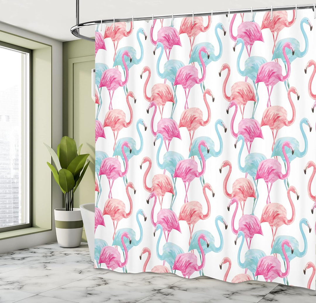 ABAKUHAUS Aquarell Duschvorhang, Hawaii Flamingos, Stoffliches Gewebe Badezimmerdekorationsset mit H