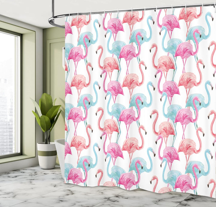 ABAKUHAUS Aquarell Duschvorhang, Hawaii Flamingos, Stoffliches Gewebe Badezimmerdekorationsset mit H