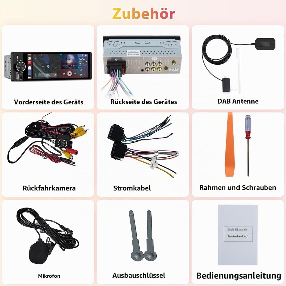 1 DIN Universales Autoradio, Carplay, Android Auto, DAB+, Rückfahrkamera | 6,28 Zoll Touchscreen, On