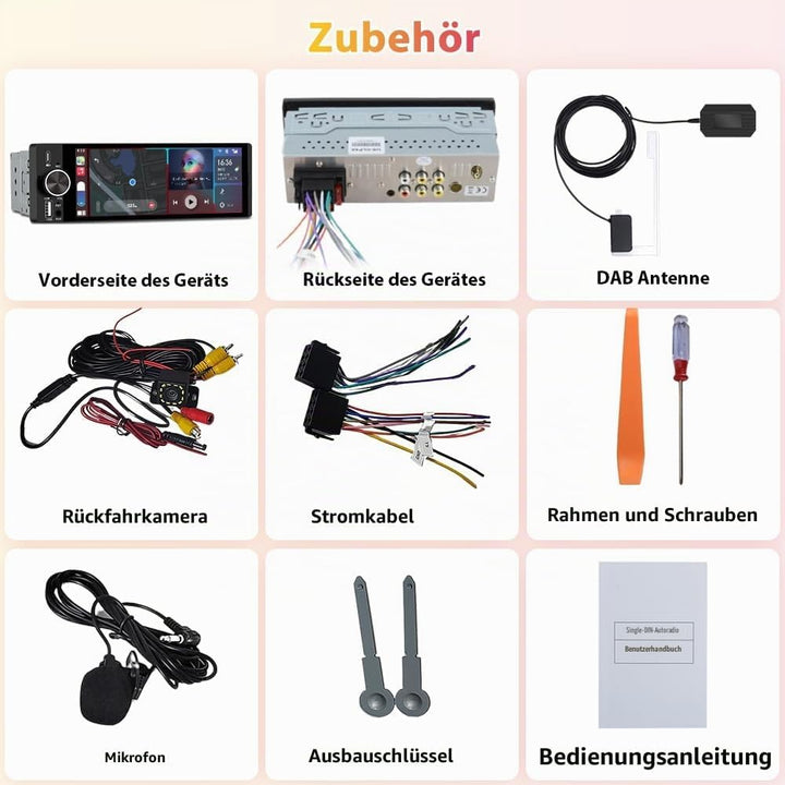 1 DIN Universales Autoradio, Carplay, Android Auto, DAB+, Rückfahrkamera | 6,28 Zoll Touchscreen, On