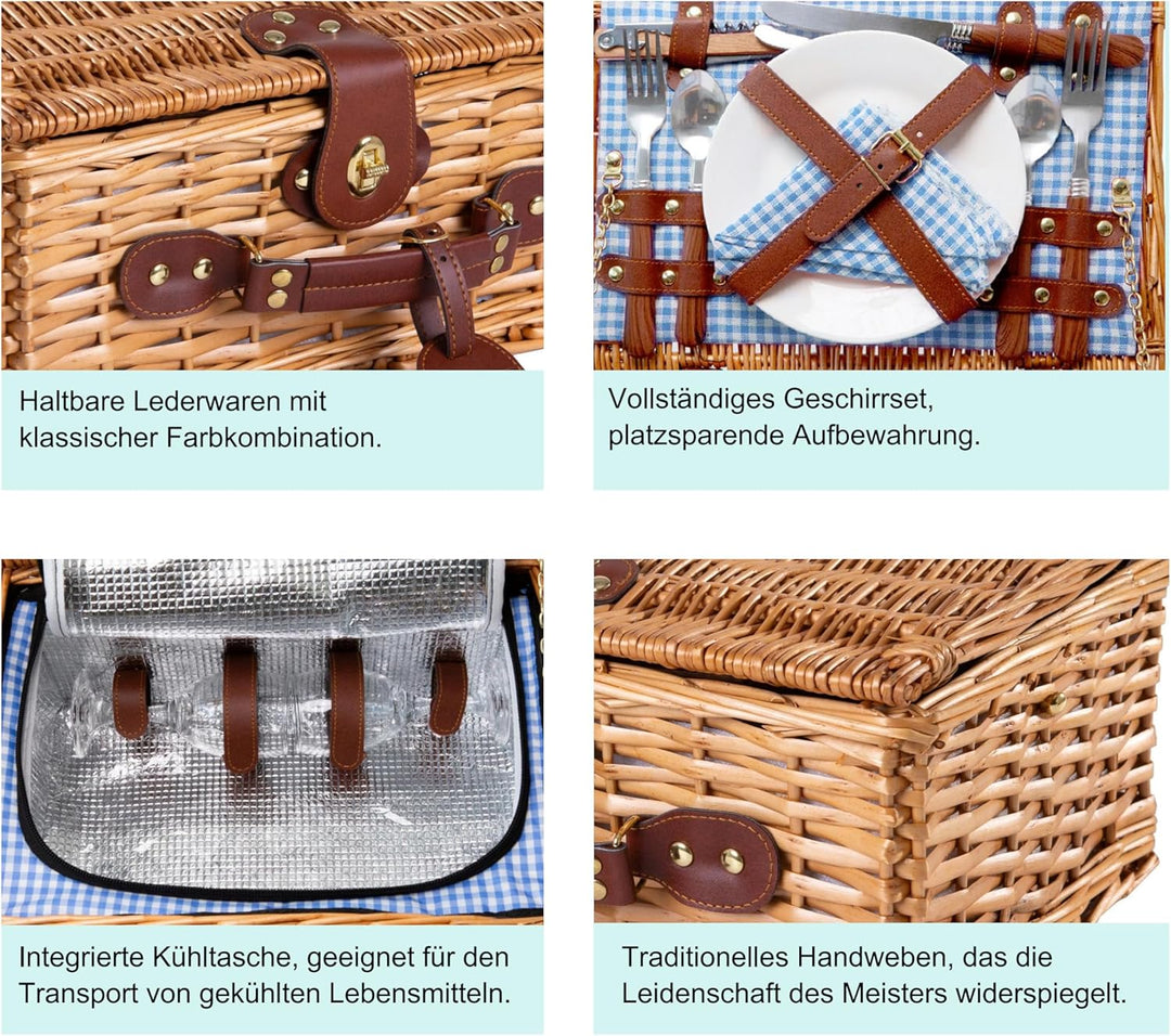 eGenuss Handgefertigtes Picknickkorb für 2 Personen – Kühlfach, Multifunktionsmesser, Edelstahlbeste
