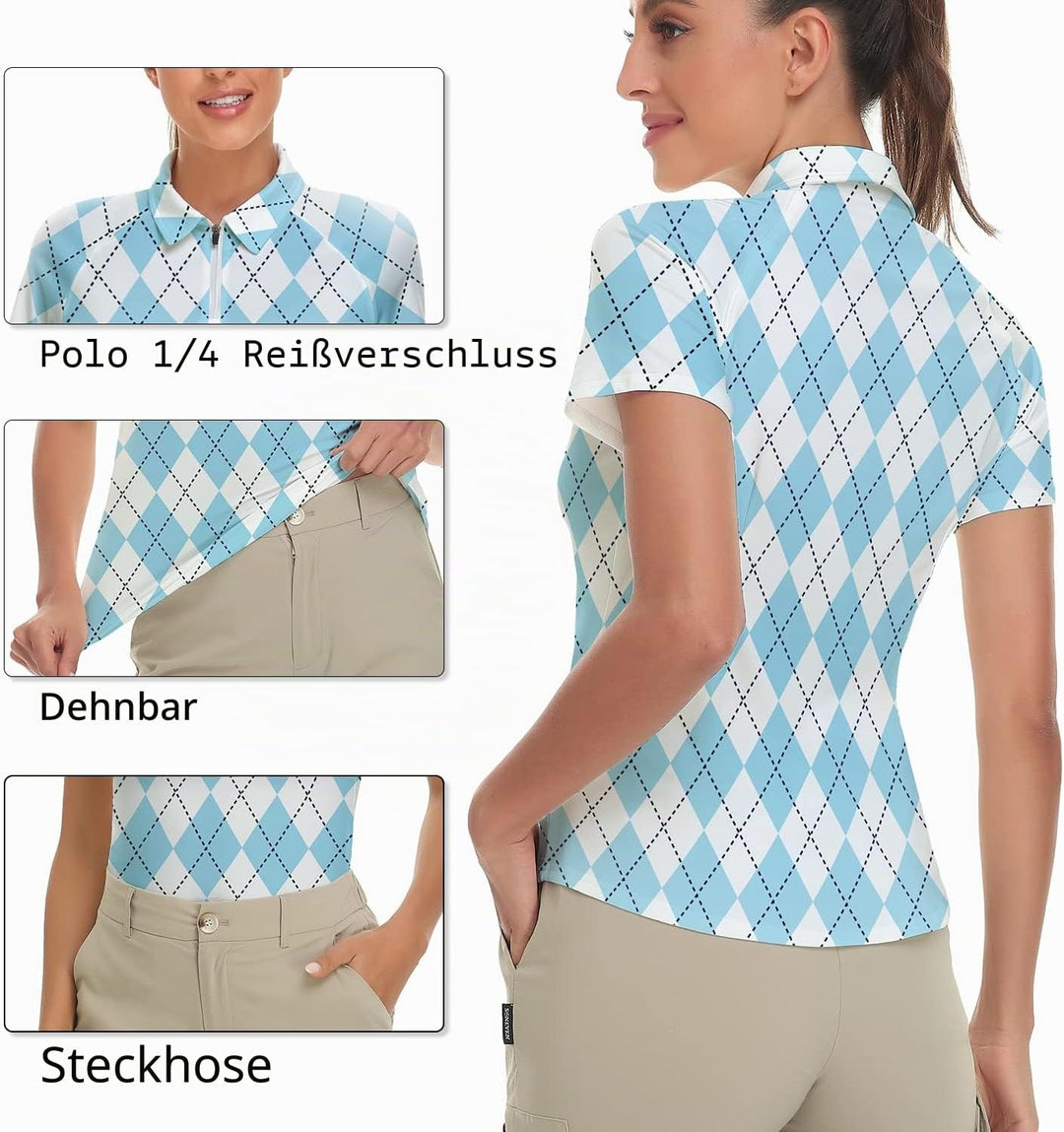 Soneven Atmungsaktiv Poloshirt Damen Leichtes Sportshirt Tailliert Karierte Bluse UPF 50+ Kurzarm 1/