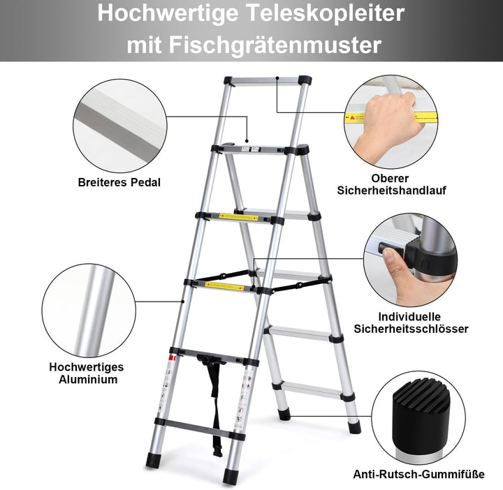 Eulenke Teleskopleiter 1.7m+2.0m Aluminium Trittleiter 5+6 Stufen Tragbare rutschfeste Klappleiter,
