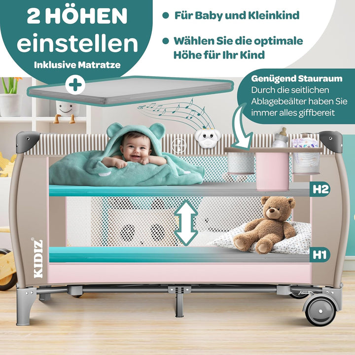 Kidiz® Babybett Reisebett Kinderreisebett klappbar mit Matratze & Räder 120x60, Seiteneingang, Wicke