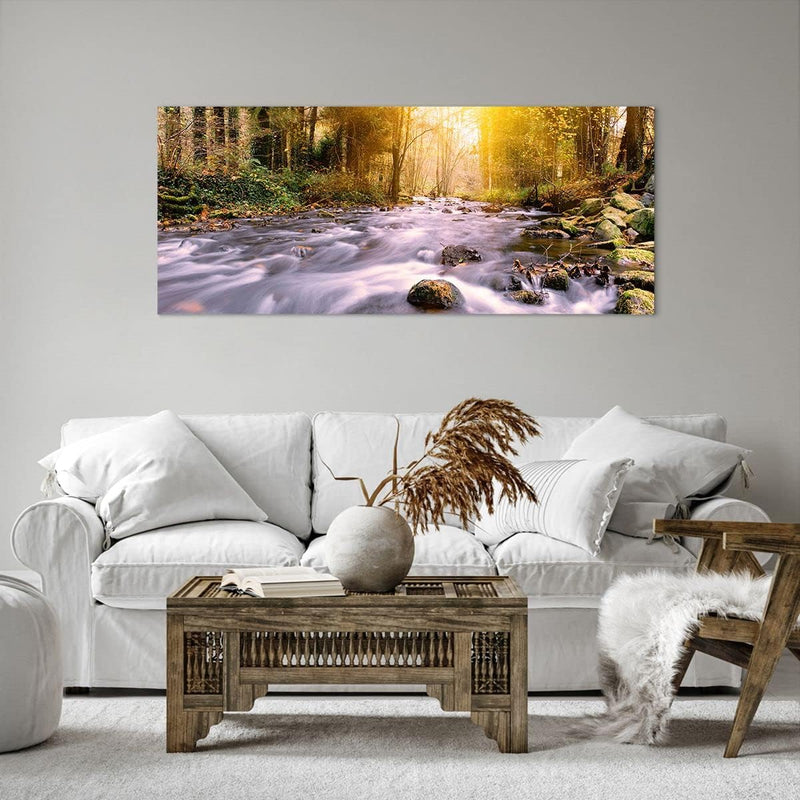 Wandbilder Dekoration Wohnzimmer Herbst Wald Berg Fluss Panorama Bilder auf Leinwand 120x50cm Leinwa