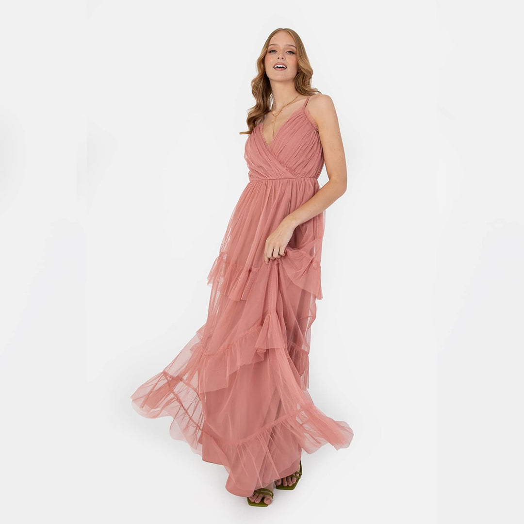 Anaya with Love Damen Ladies Maxi Cami Dress Womens Strappy Tiered Ruffle Frilly Faux V Neckline Lon