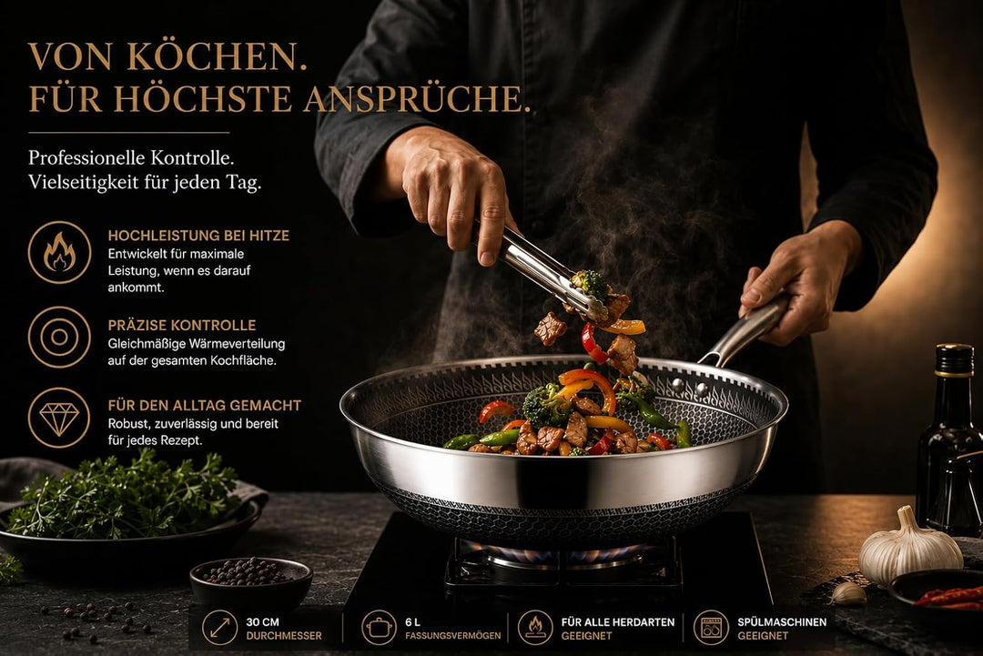 INTIGNIS Wok mit backofenfestem Deckel – Anti-Kratz-Küche, zum Sautieren, Braten, Braten – Grosse 30